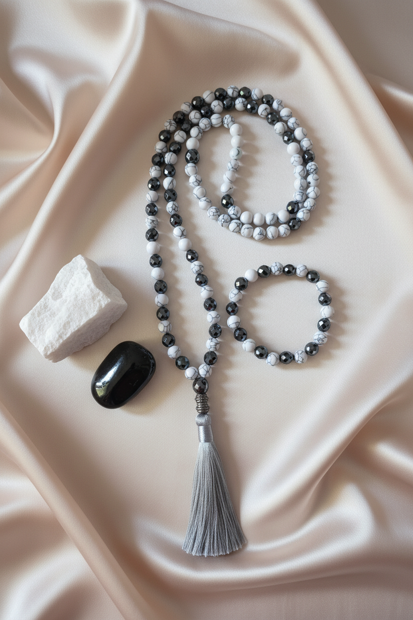 Conjunto Howlite & Hematite — Cetim Bege